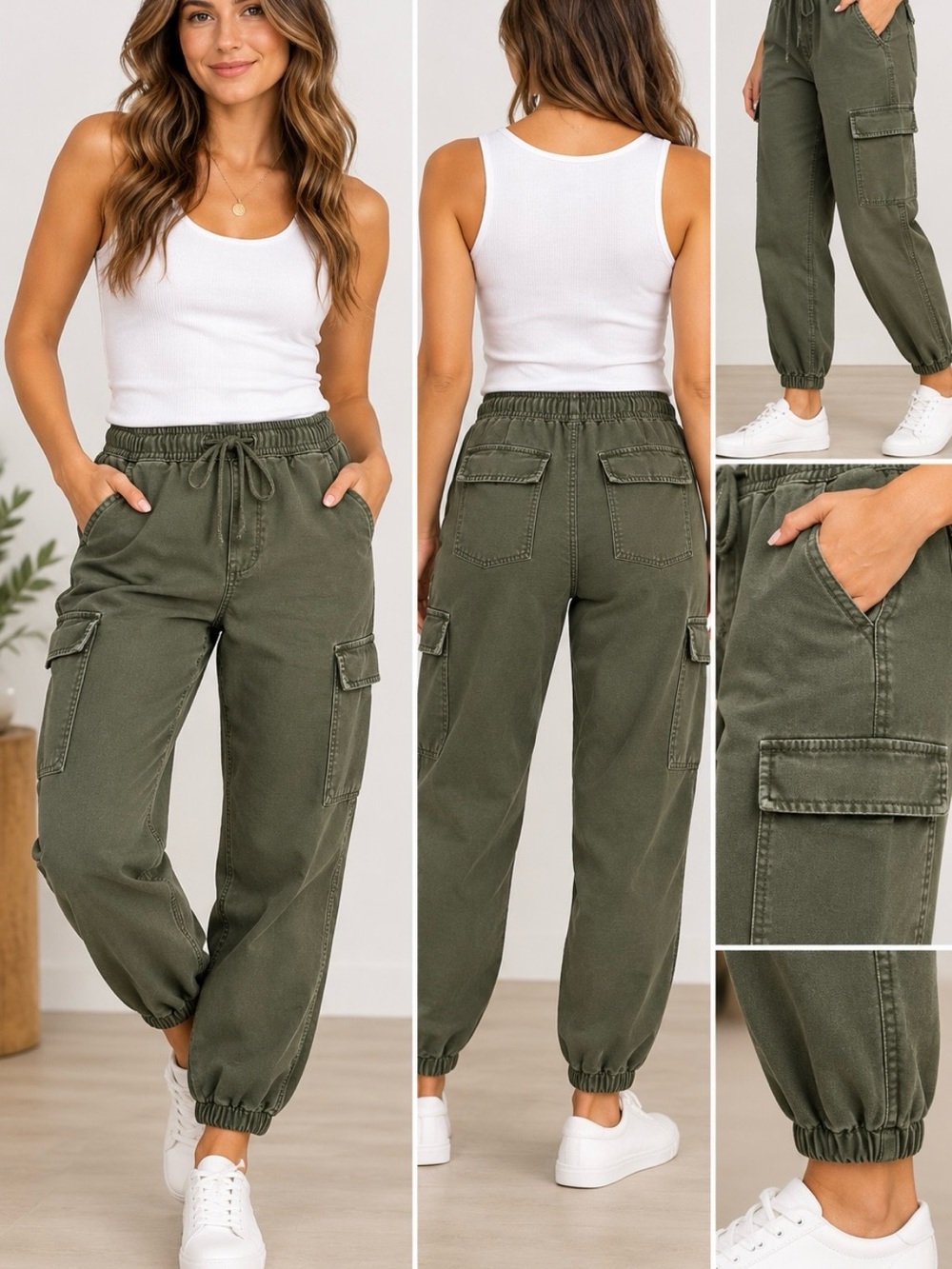 Ralph L Women’s Size 2 Olive Cargo Jogger Pants Utility Drawstring Elastic Waist